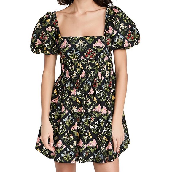 NWT Agua Bendita Caramelo Magdalena Night Cotton Mini Dress Black Floral Print M